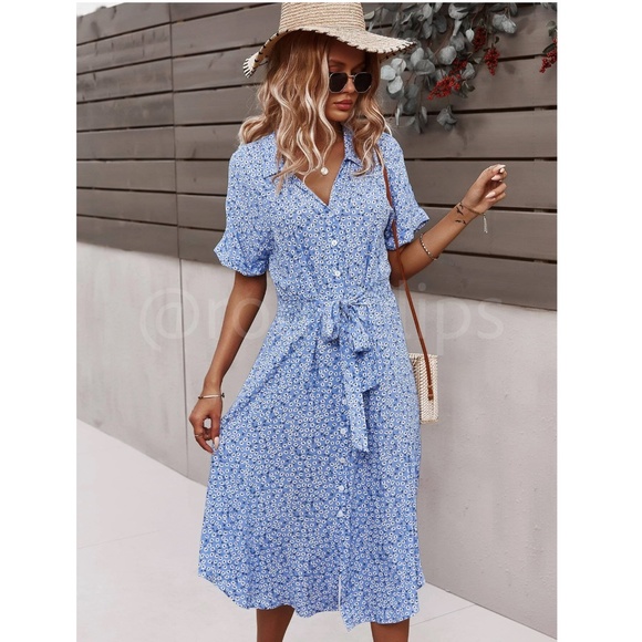 Light Blue Floral Print Midi Dress Button Front V-Neck - Picture 5 of 10